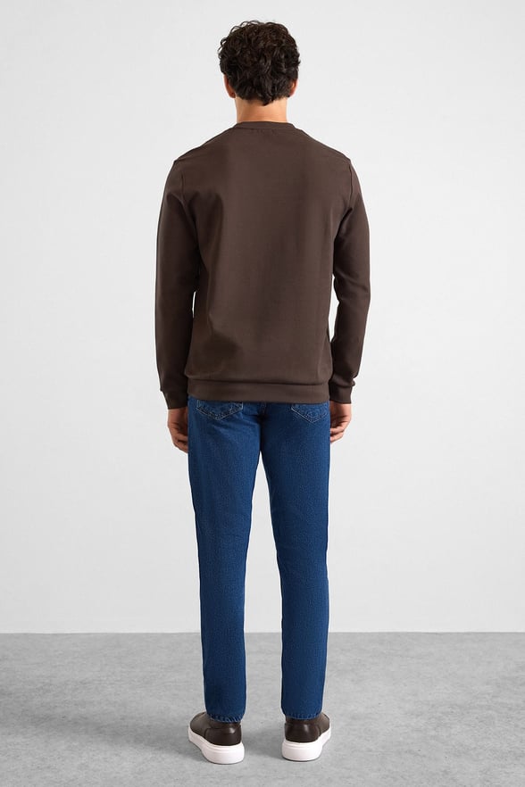 Koyu Kahve Regular Düz Baskılı İnterlok Bisiklet Yaka Cepsiz Düz Sweatshirt