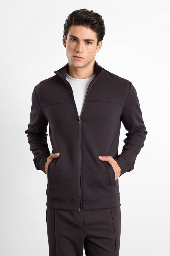 Koyu Kahve Regular Düz Baskılı İnterlok Fermuarlı Dik Yaka Cepli Sweatshirt