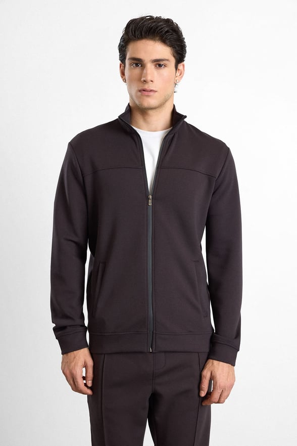 Koyu Kahve Regular Düz Baskılı İnterlok Fermuarlı Dik Yaka Cepli Sweatshirt