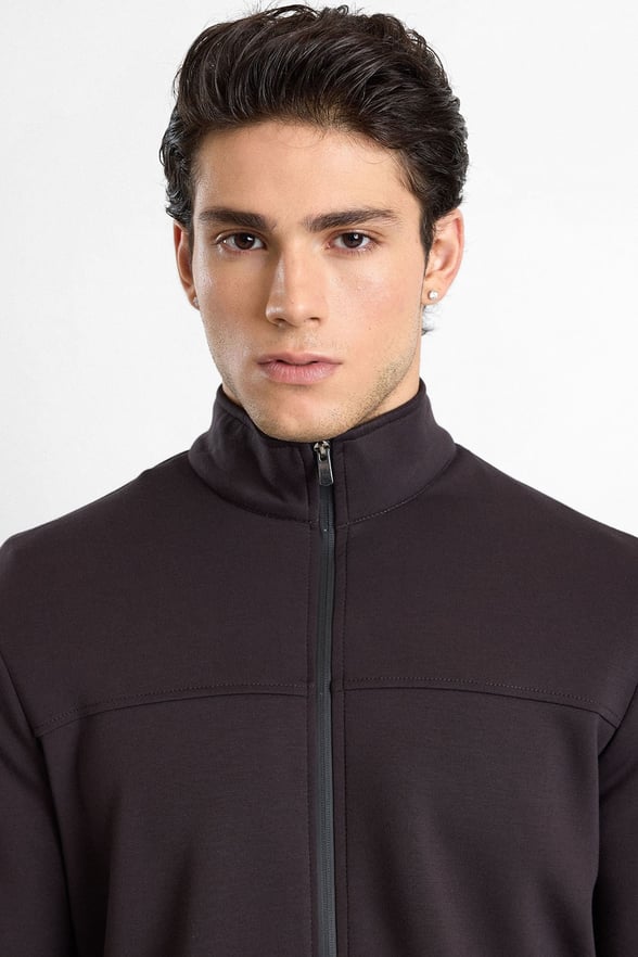 Koyu Kahve Regular Düz Baskılı İnterlok Fermuarlı Dik Yaka Cepli Sweatshirt