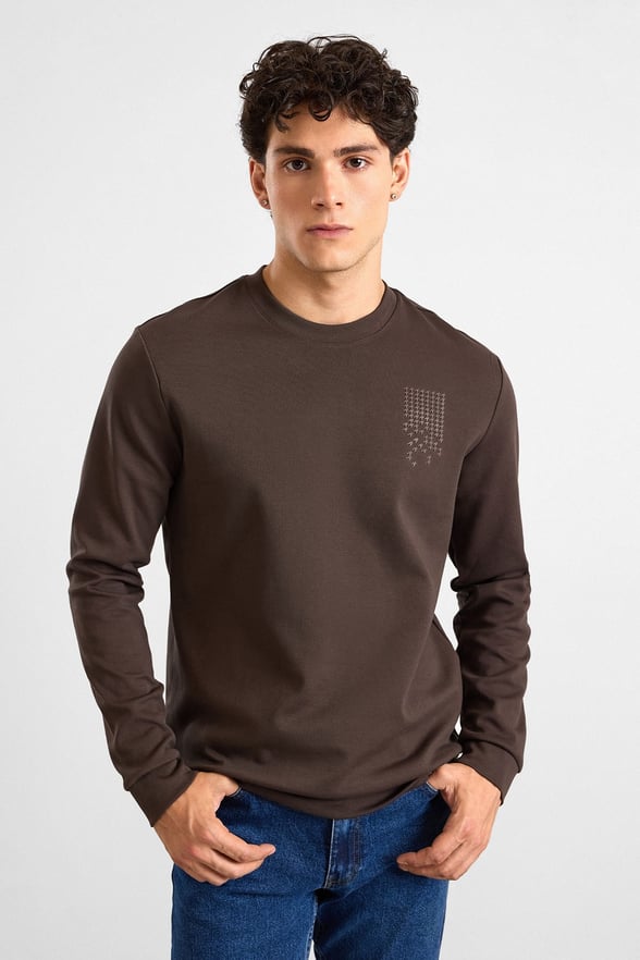 Koyu Kahve Regular Düz Baskılı İnterlok Bisiklet Yaka Cepsiz Düz Sweatshirt