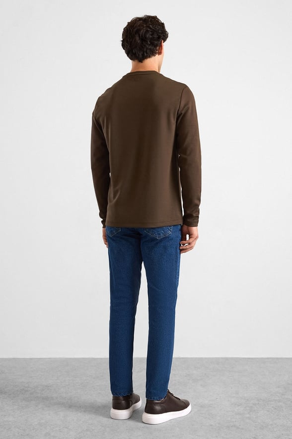 Koyu Kahve Regular Düz Baskısız İnterlok Bisiklet Yaka Cepsiz Sweatshirt