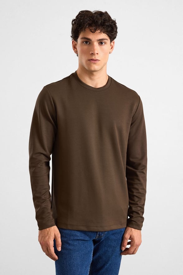 Koyu Kahve Regular Düz Baskısız İnterlok Bisiklet Yaka Cepsiz Sweatshirt