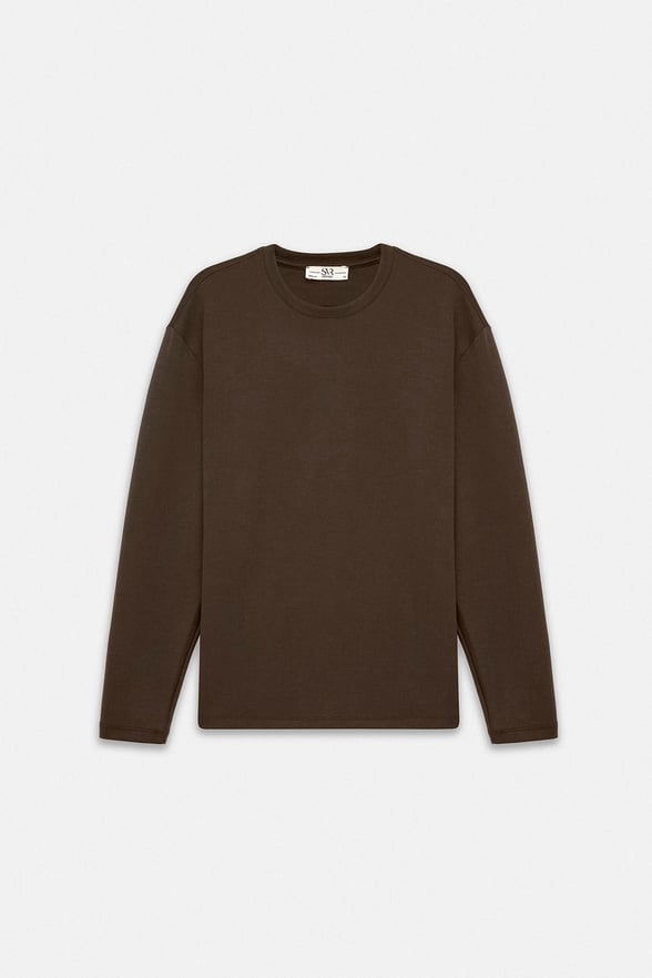 Koyu Kahve Regular Düz Baskısız İnterlok Bisiklet Yaka Cepsiz Sweatshirt
