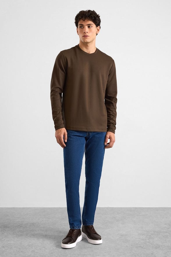 Koyu Kahve Regular Düz Baskısız İnterlok Bisiklet Yaka Cepsiz Sweatshirt