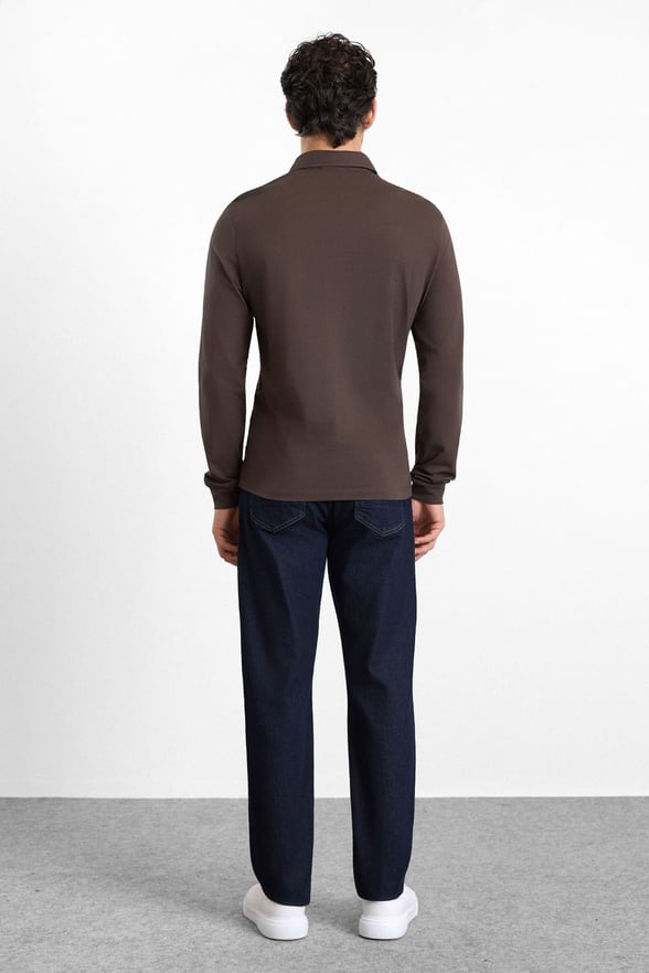 Koyu Kahve Regular Düz Baskısız Süprem Düğmeli Polo Yaka Cepsiz Sweatshirt
