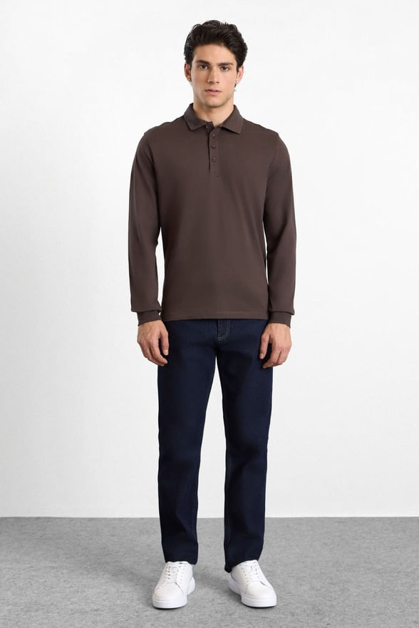 Koyu Kahve Regular Düz Baskısız Süprem Düğmeli Polo Yaka Cepsiz Sweatshirt