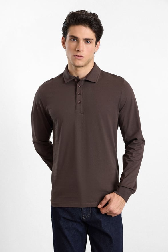 Koyu Kahve Regular Düz Baskısız Süprem Düğmeli Polo Yaka Cepsiz Sweatshirt