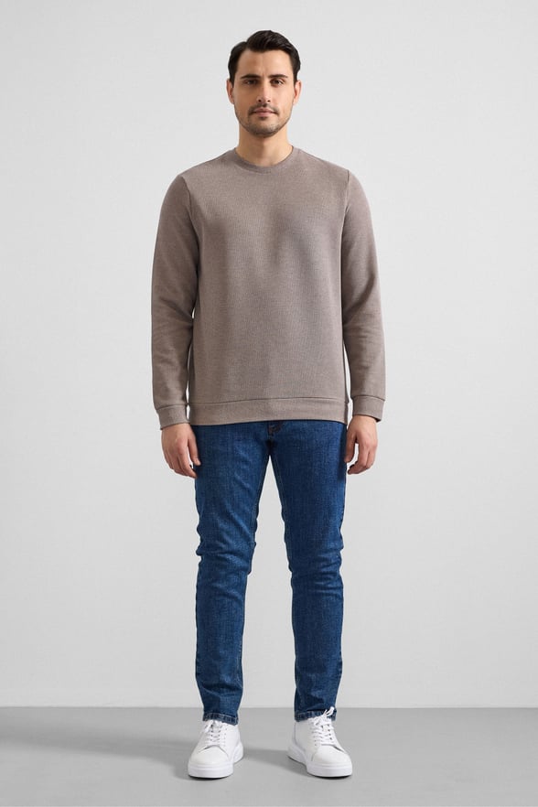 Koyu Kahve Regular Düz Bisiklet Yaka Sweatshirt