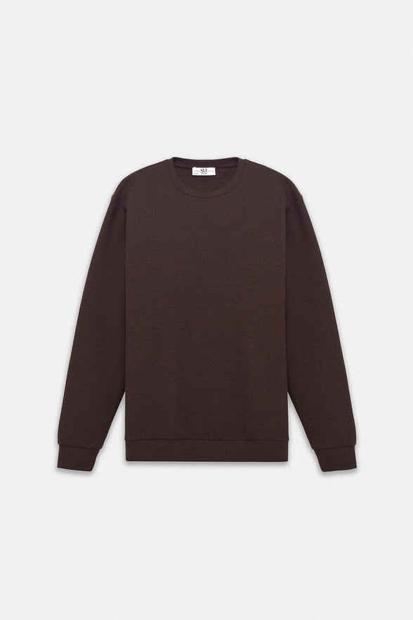 Koyu Kahve Regular Düz Bisiklet Yaka Sweatshirt
