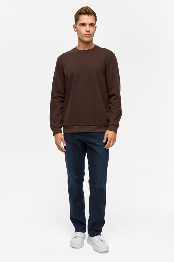 Koyu Kahve Regular Düz Bisiklet Yaka Sweatshirt