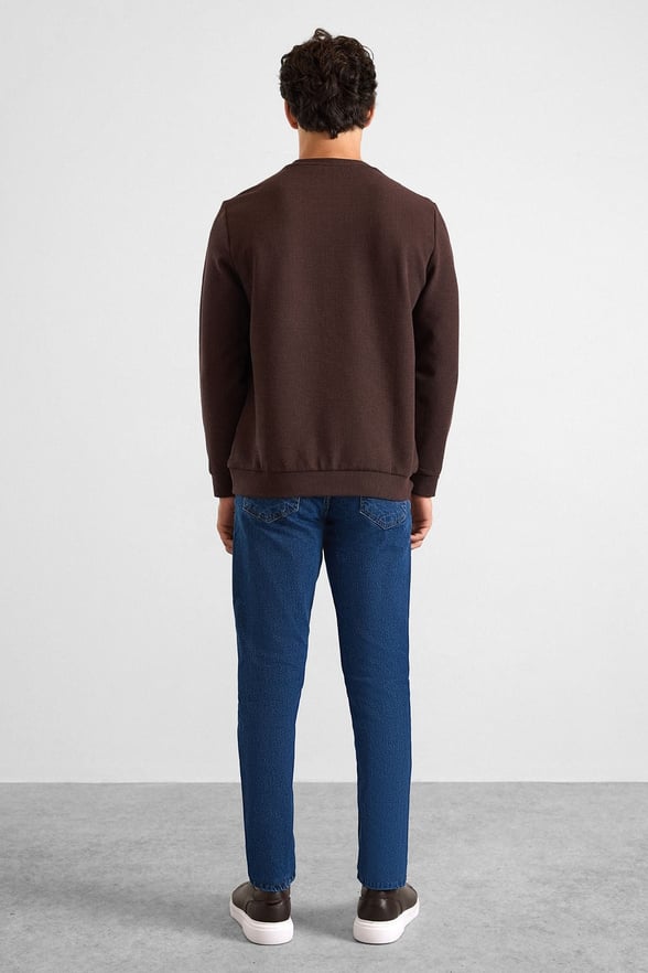 Koyu Kahve Regular Düz Bisiklet Yaka Sweatshirt