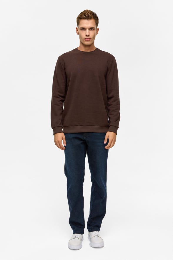 Koyu Kahve Regular Düz Bisiklet Yaka Sweatshirt