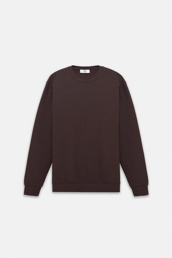 Koyu Kahve Regular Düz Bisiklet Yaka Sweatshirt
