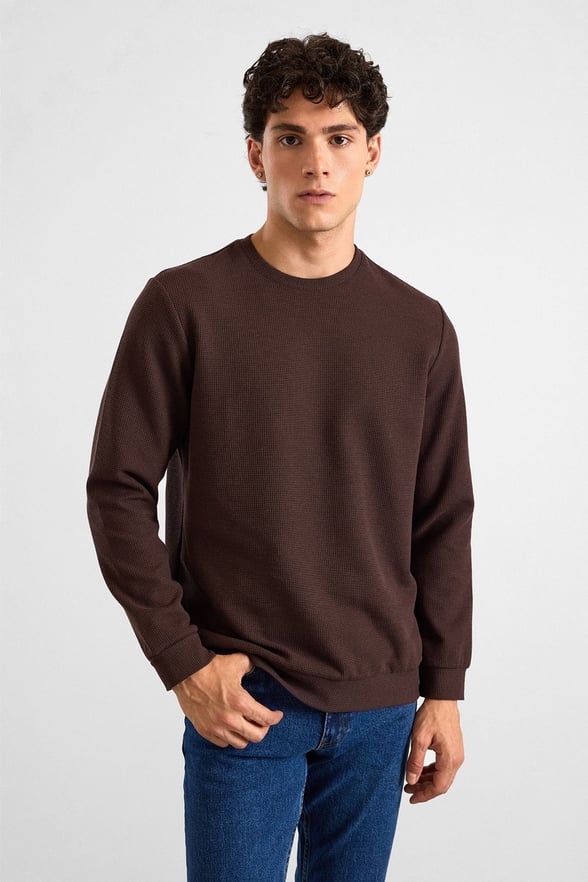 Koyu Kahve Regular Düz Bisiklet Yaka Sweatshirt