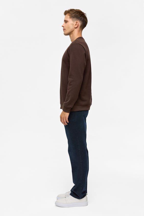 Koyu Kahve Regular Düz Bisiklet Yaka Sweatshirt