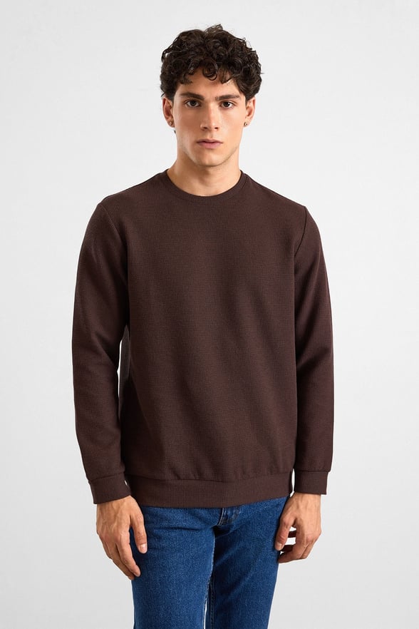 Koyu Kahve Regular Düz Bisiklet Yaka Sweatshirt