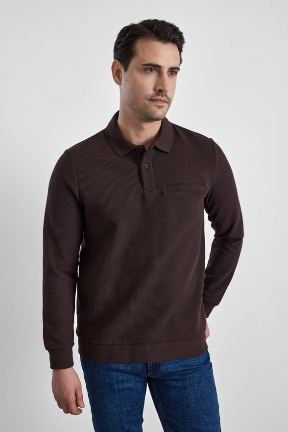 Koyu Kahve Regular Düz Polo Yaka Sweatshirt