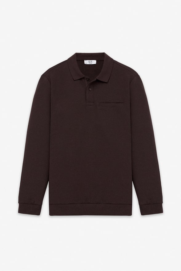 Koyu Kahve Regular Düz Polo Yaka Sweatshirt