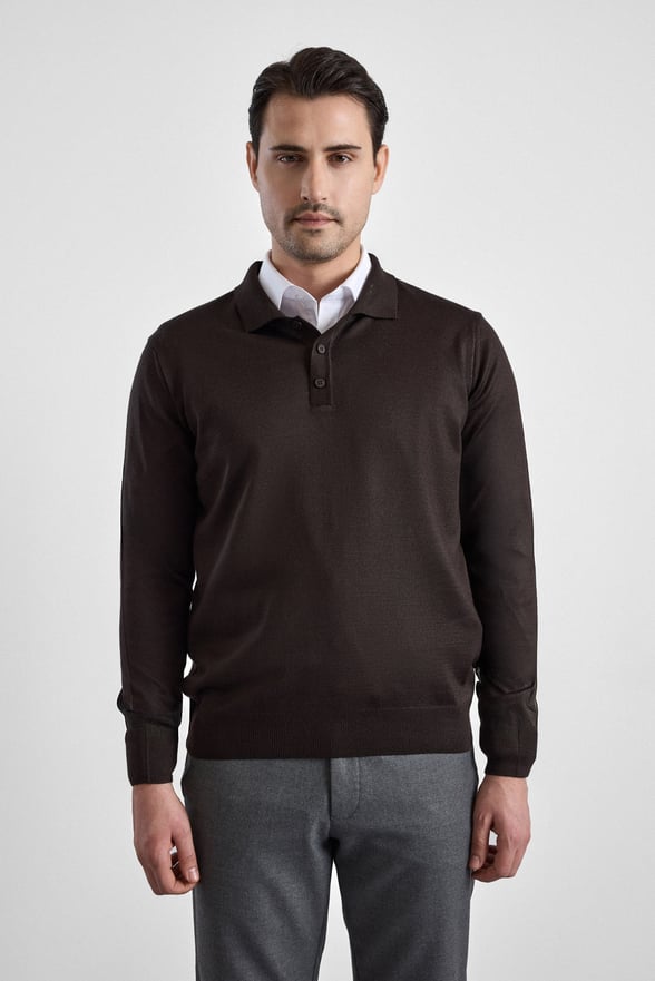 Koyu Kahve Regular Düz Polo Yaka Triko