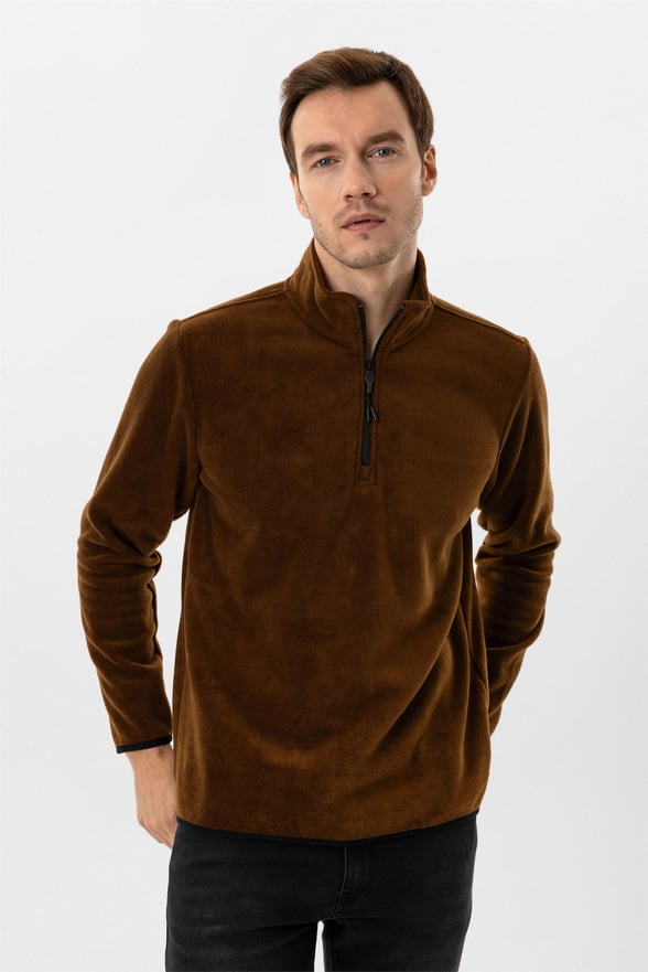 Koyu Kahve Regular Düz Sivri Yaka Sweatshirt