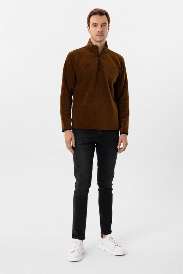 Koyu Kahve Regular Düz Sivri Yaka Sweatshirt