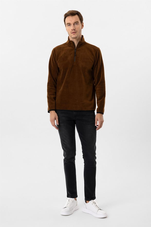 Koyu Kahve Regular Düz Sivri Yaka Sweatshirt