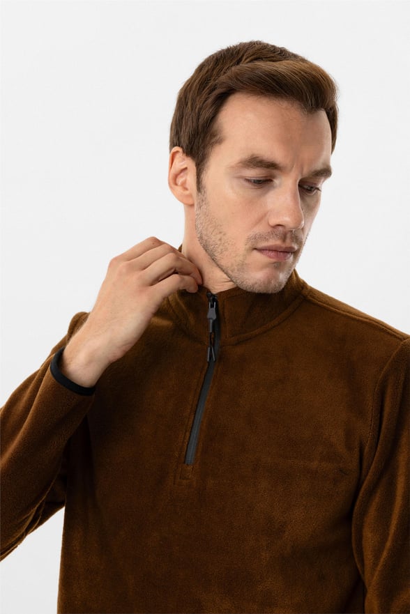 Koyu Kahve Regular Düz Sivri Yaka Sweatshirt