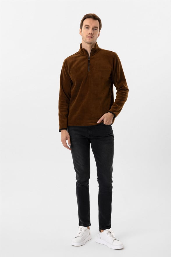 Koyu Kahve Regular Düz Sivri Yaka Sweatshirt