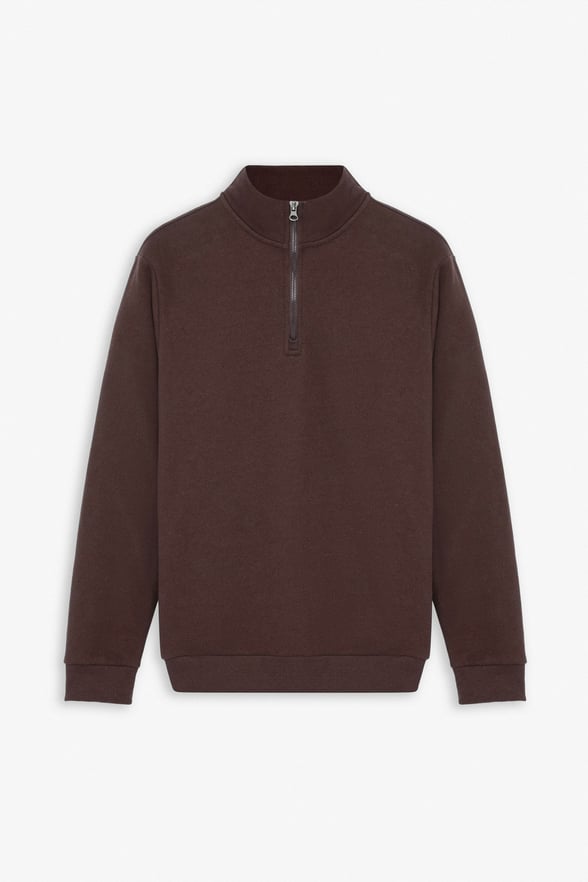 Koyu Kahve Regular Düz Yarım Balıkçı Yaka Sweatshirt