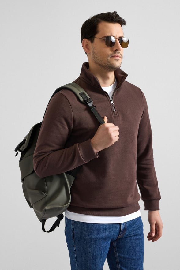 Koyu Kahve Regular Düz Yarım Balıkçı Yaka Sweatshirt