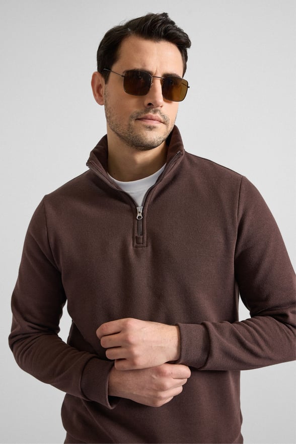 Koyu Kahve Regular Düz Yarım Balıkçı Yaka Sweatshirt