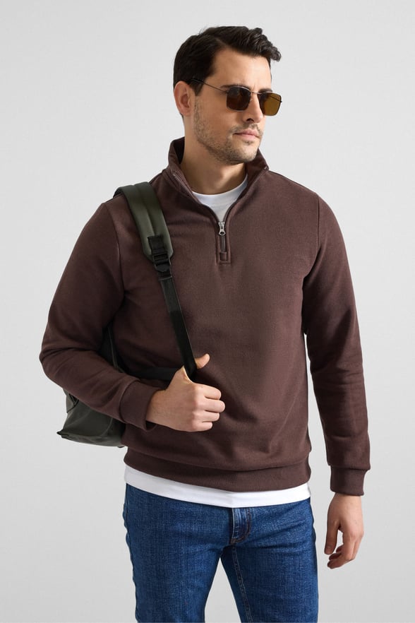 Koyu Kahve Regular Düz Yarım Balıkçı Yaka Sweatshirt