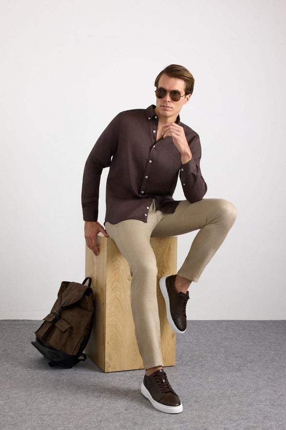 Koyu Kahve Regular Klasik Yaka Düz Cepsiz Uzun Kollu Standart Casual Gömlek