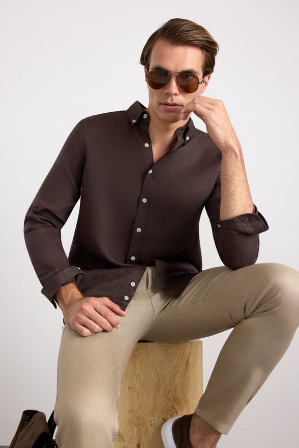 Koyu Kahve Regular Klasik Yaka Düz Cepsiz Uzun Kollu Standart Casual Gömlek