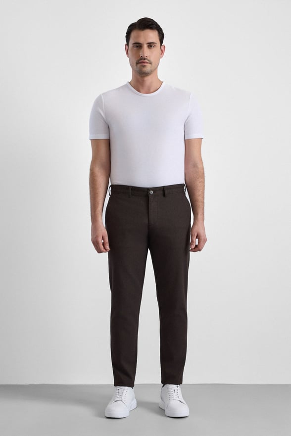 Koyu Kahve Slim Armürlü Kanvas Casual Pantolon