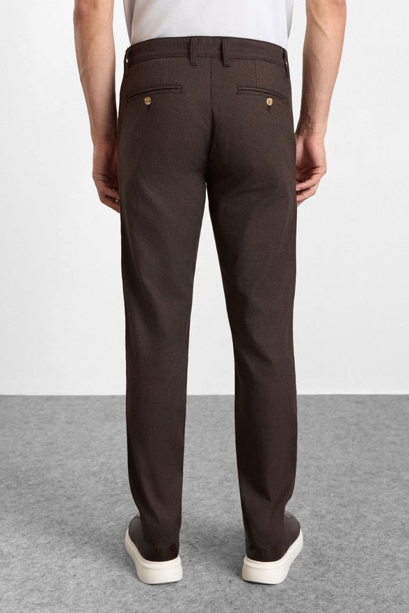 Koyu Kahve Slim Düz Armürlü Normal Bel Casual Pantolon