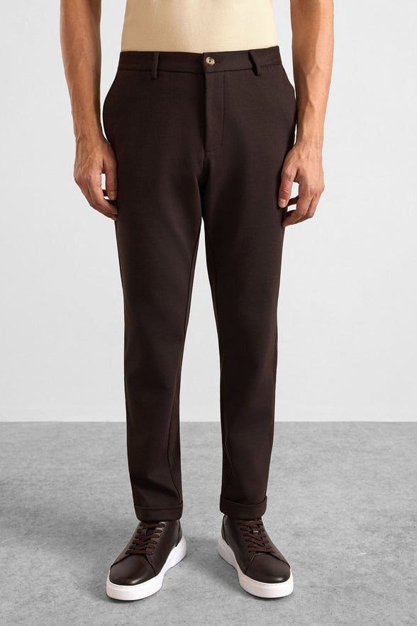 Koyu Kahve Slim Düz Twill Yarım Lastikli Jogger Pantolon