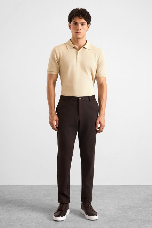Koyu Kahve Slim Düz Twill Yarım Lastikli Jogger Pantolon
