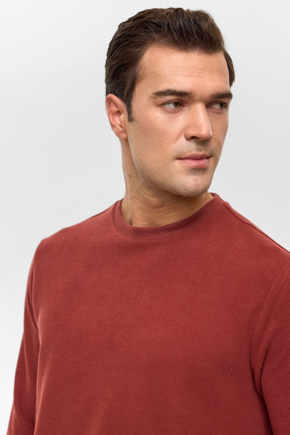 Koyu Kiremit Regular Düz Bisiklet Yaka Sweatshirt