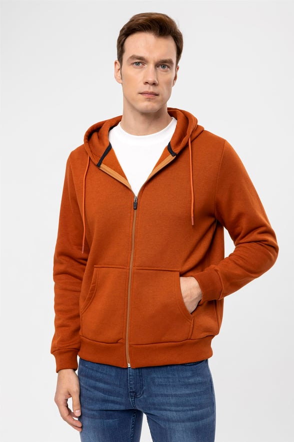 Koyu Kiremit Regular Düz Kapişonlu Yaka  Sweatshirt