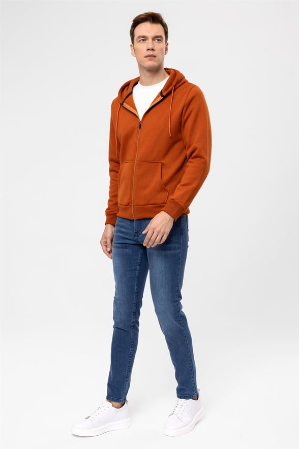 Koyu Kiremit Regular Düz Kapişonlu Yaka  Sweatshirt