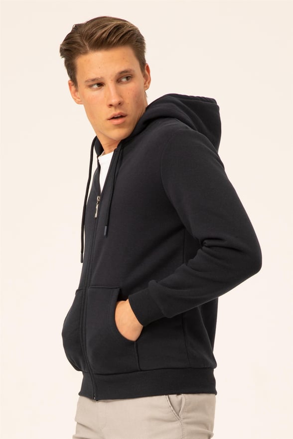 Lacivert Regular Armürlü Kapişonlu Yaka  Sweatshirt