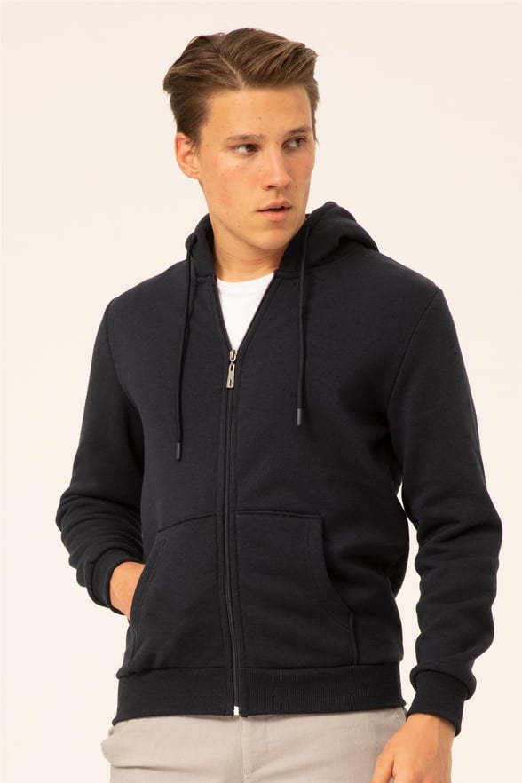 Lacivert Regular Armürlü Kapişonlu Yaka  Sweatshirt