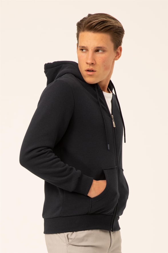 Lacivert Regular Armürlü Kapişonlu Yaka  Sweatshirt