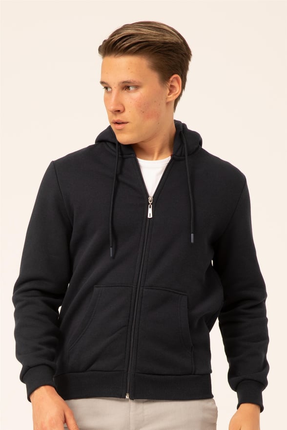 Lacivert Regular Armürlü Kapişonlu Yaka  Sweatshirt