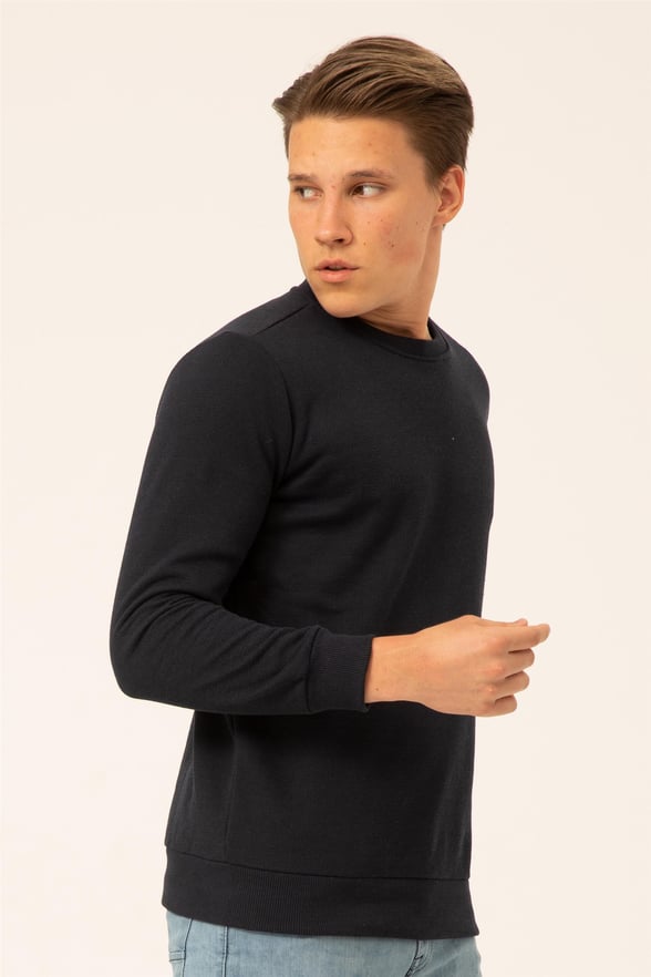Lacivert Regular Armürlü O Yaka  Sweatshirt
