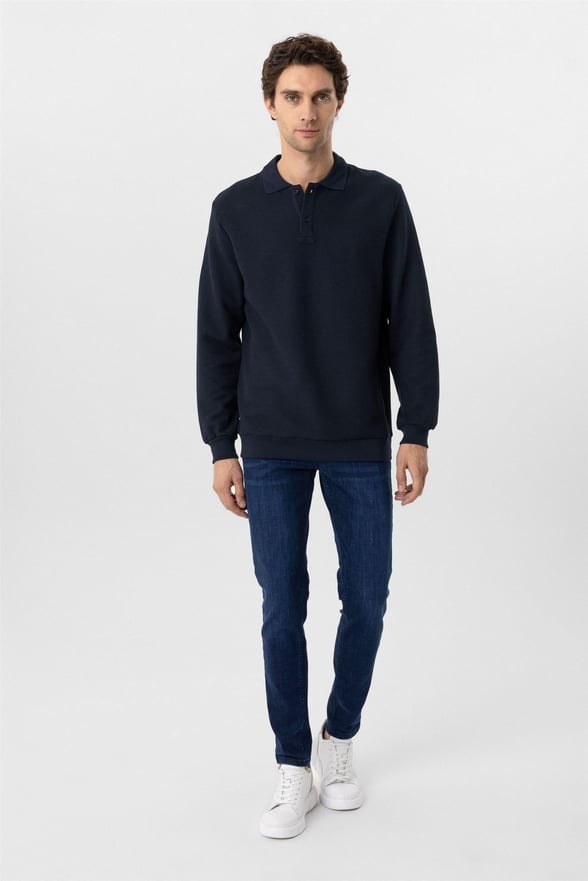 Lacivert Regular Armürlü Polo Yaka Sweatshirt