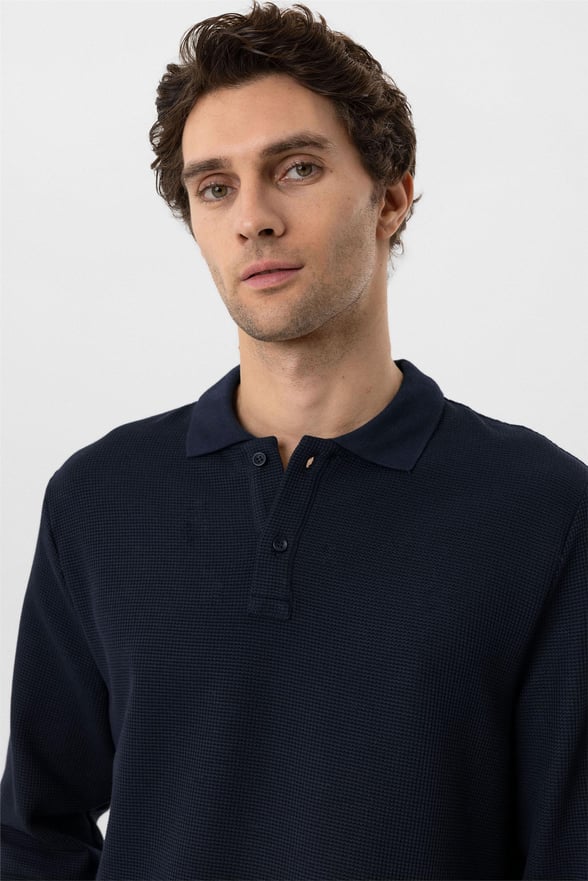 Lacivert Regular Armürlü Polo Yaka Sweatshirt