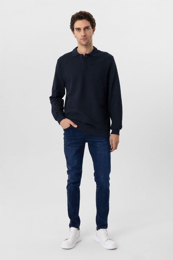 Lacivert Regular Armürlü Polo Yaka Sweatshirt